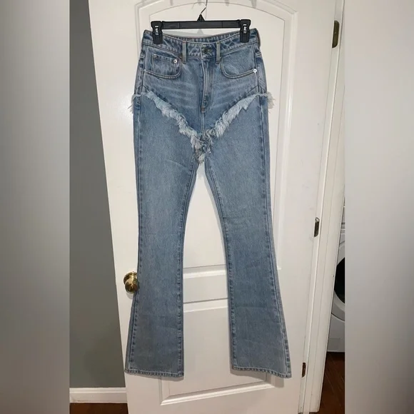 New! SER.O.YA Dahlia Western Frayed Fringe Blue Flare Jeans 🤠💙 size 26 - Picture 7 of 10